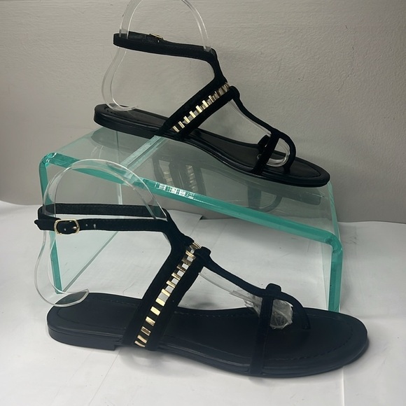 Sigerson Morrison Sz 6 Black Suede Gold Leather TStrap Ankle Strap Flat Sandals - Picture 1 of 11